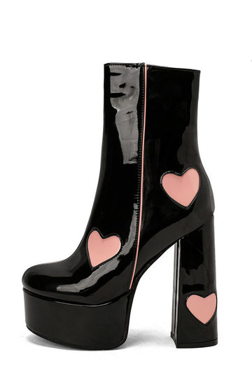 Botas de tacón alto con plataforma de cuero PU negro con corazones rosas